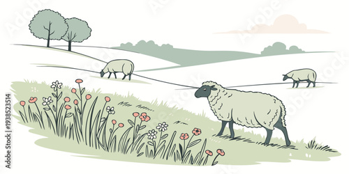 A herd of elephants and other animals migrating across a vast, open landscape. Vector