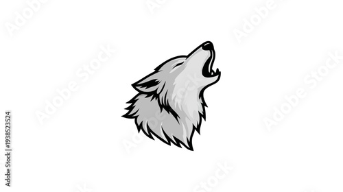 A stylized wolf head, depicted in profile, with its mouth open and head tilted upwards
