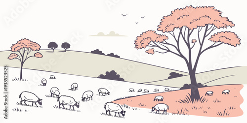 A picturesque landscape of sheep grazing under the shade of large trees Vector