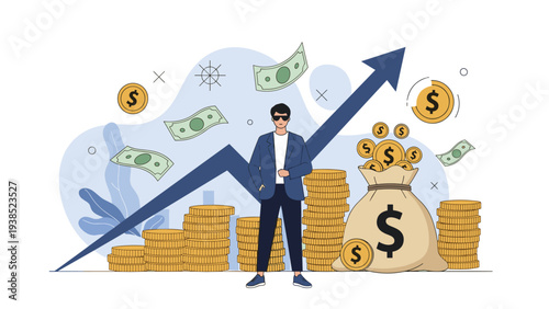 Successful businessman standing confidently next to large stacks of gold coins and a positive financial growth chart.
