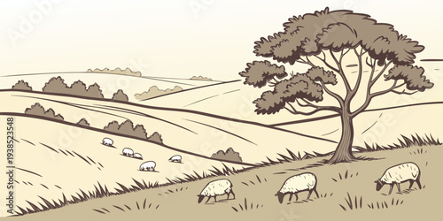 A serene landscape with a solitary tree standing tall on a grassy hillside Vector
