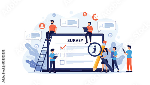 Team of professionals conducting an online customer survey to collect feedback and data on a large digital screen.