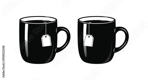 Two black mugs filled with liquid each containing a teabag and handle shown in a graphic style