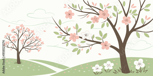 A serene landscape with blooming cherry blossom trees and a gentle breeze Vector