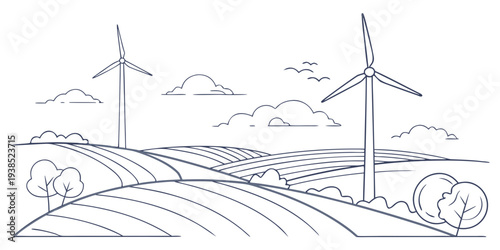 Wind turbines and solar panels generating renewable energy in a green field. Vector