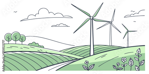 Wind turbines generating clean energy in a vast green field with mountains in the background Vector