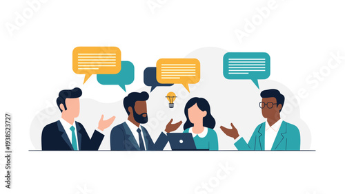 Diverse group of corporate professionals sitting at a table and exchanging creative thoughts during a business meeting.