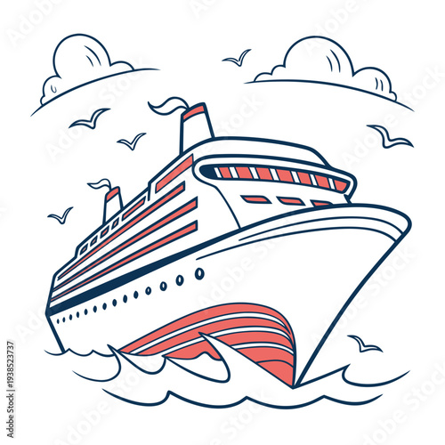 A vibrant cruise ship sailing on a calm sea with a clear blue sky and fluffy clouds Vector
