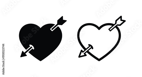 Two hearts pierced by arrows a solid and outline design silhouette