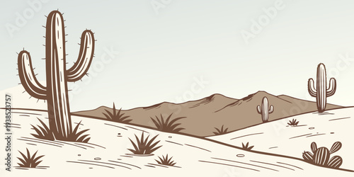 A vast desert landscape with two cacti and a winding path in the distance. Vector