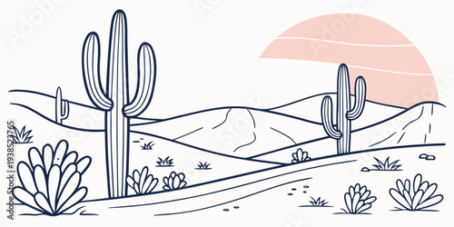 A serene desert landscape with cacti and a distant mountain range at sunset Vector