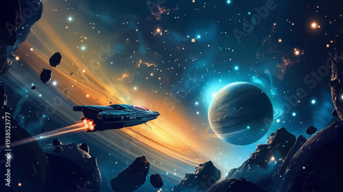 Cosmic voyager spaceship navigating nebula with planet in outer space