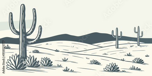 A serene desert landscape with cacti and distant mountains under a clear sky Vector