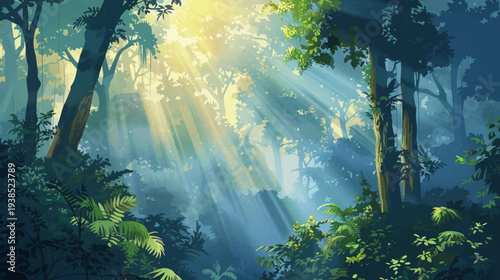Sunlight streams through lush forest canopy creating atmospheric ambiance