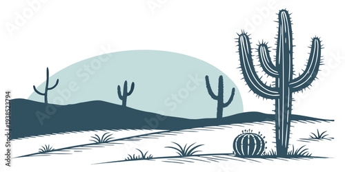 A serene desert landscape with cacti and a distant mountain range. Vector