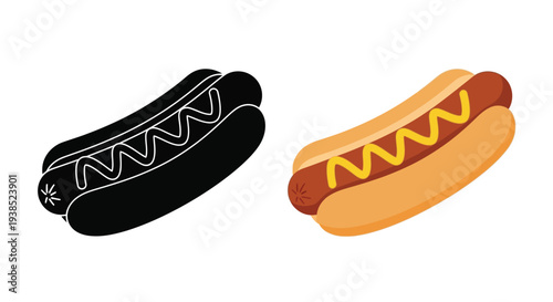 Two hot dogs one colorful and one in stark silhouette