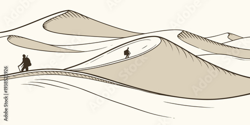 A person walking up a steep hill with a backpack, surrounded by mountains. Vector