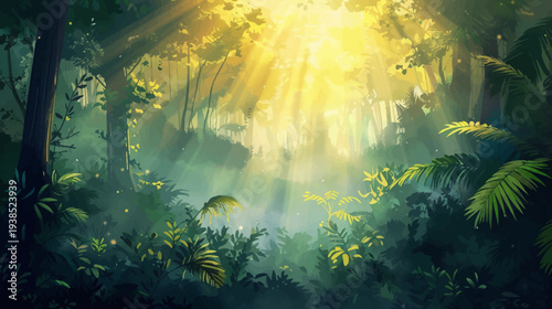 Sunlight streaming through lush green forest foliage daytime scenic nature