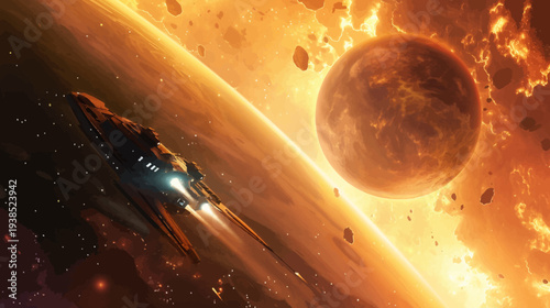 Spacecraft flying near planet in a futuristic space scene with fiery atmosphere