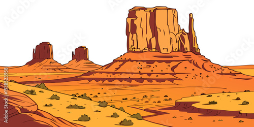 A vast desert landscape with towering red rock formations under a clear blue sky Vector