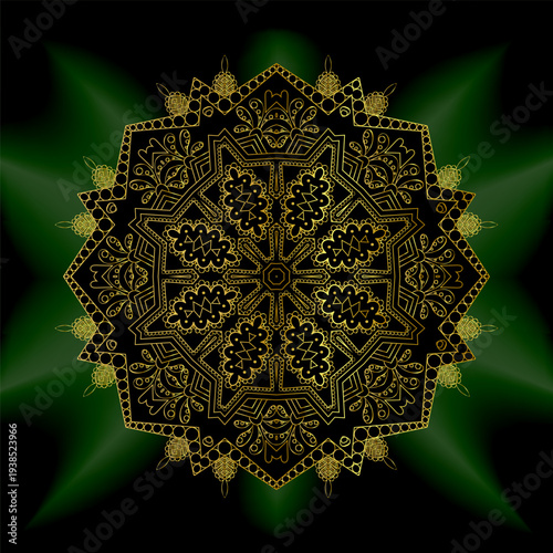gold mandala mantra om. Indian pattern decorative vector elements. Round golden flower. emerald glow