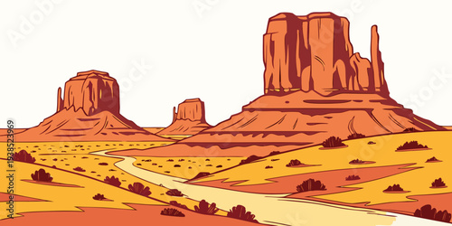 A scenic view of red rock formations in a vast desert landscape under a clear sky Vector