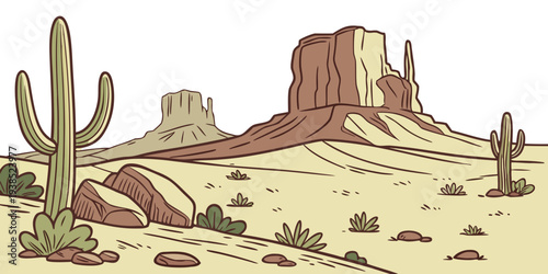 A scenic desert landscape featuring a prominent red rock formation and cacti. Vector
