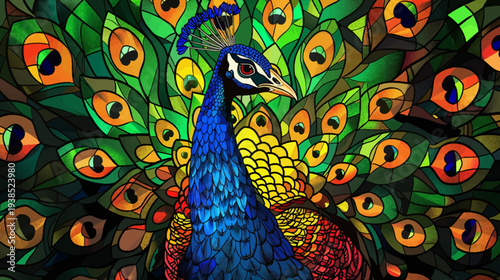 Vibrant peacock displaying colorful feathers on dark background