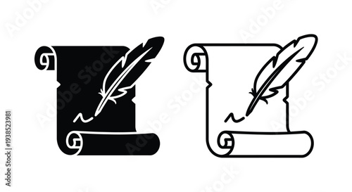 Two scroll and quill designs in contrasting styles a dark silhouette