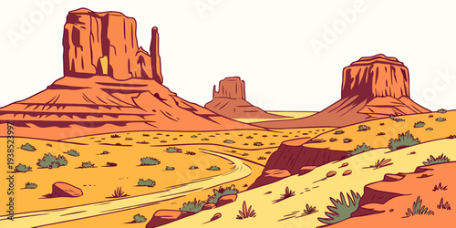The iconic red rock formations of monument valley stand tall against the clear blue sky Vector
