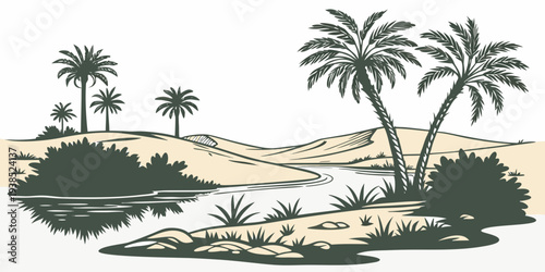 A serene tropical island landscape with palm trees and a sandy beach Vector