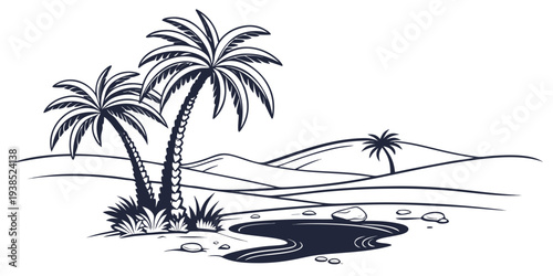 Tropical island with palm trees and a small boat in the distance Vector