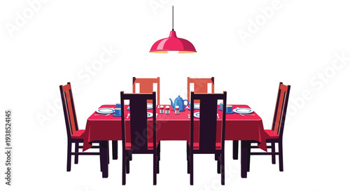 A brightly lit dining table is set for a meal with chairs surrounding it high quality