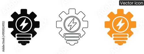 Set of modern gear icons featuring a lightning bolt symbol in black, white, and orange, representing innovation and energy