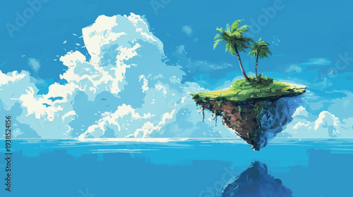 Floating island with palm trees and ocean landscape against a cloudy blue sky