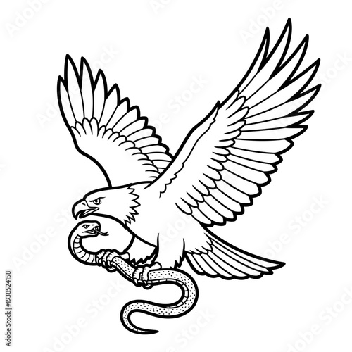 Graphic illustration of an eagle overpowering a snake, a powerful symbol of natural dominance, fierce struggle, and the untamed essence of wilderness strength
