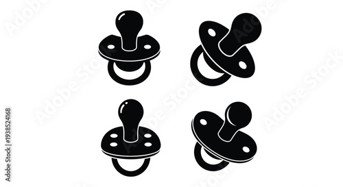 Four black pacifiers displayed against a white background silhouette