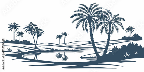A serene tropical landscape with palm trees and a small pond in the foreground Vector