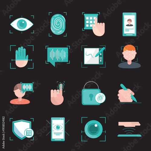 Modern flat icon set in teal and grey featuring advanced biometric security systems including eye scanning, fingerprint analysis, and facial recognition on a dark background.