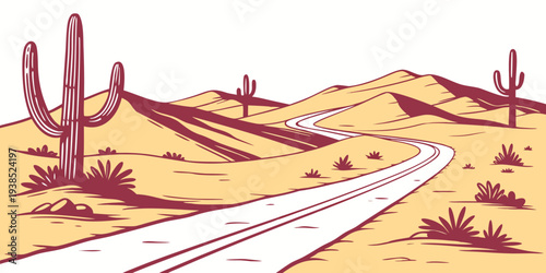 A scenic desert landscape with a winding road and cacti under a clear blue sky Vector