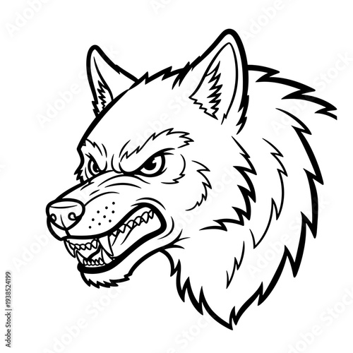 Ferocious Wolf Head Illustration A Fierce Predator's Aggressive Snarl Captured in a Striking Line Drawing