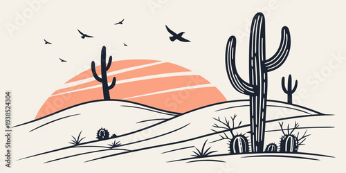 Birds flying over a desert landscape with cacti and mountains in the background Vector