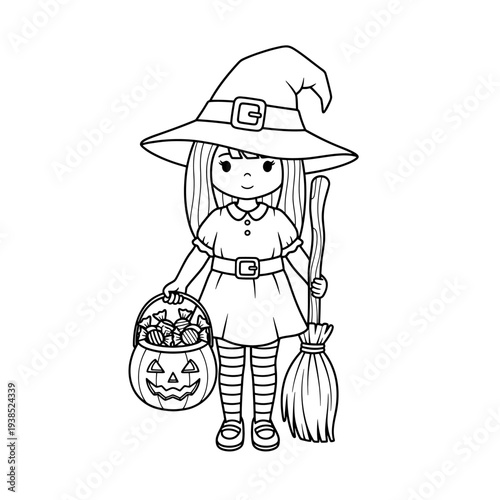 Cute cartoon witch girl in a hat holding a Halloween candy bucket and a broomstick, black and white line art for coloring