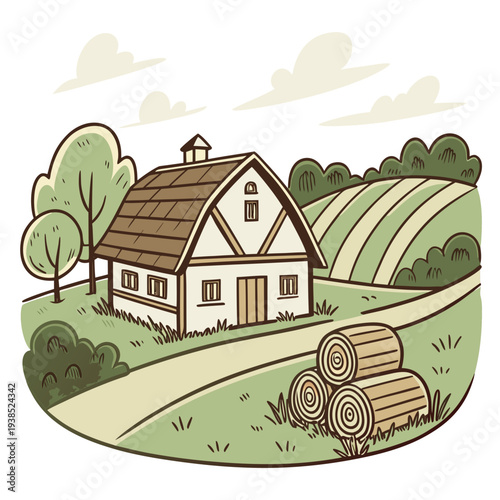 Wallpaper Mural A charming countryside farmhouse with a red barn and lush green fields Vector Torontodigital.ca