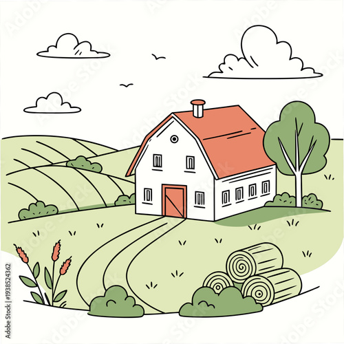 A charming countryside house surrounded by lush green fields and rolling hills Vector