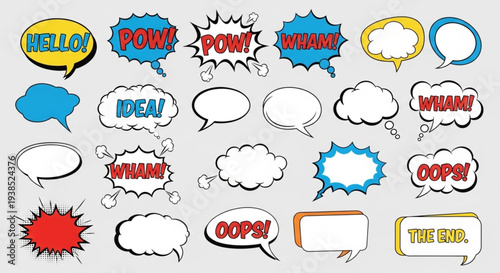 Collection of comic book speech bubbles with various words and shapes.