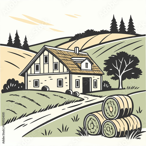 A picturesque countryside farmhouse surrounded by rolling hills and hay bales Vector