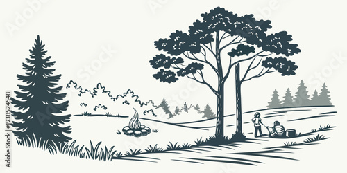A serene landscape featuring a majestic tree standing tall amidst a tranquil forest setting Vector