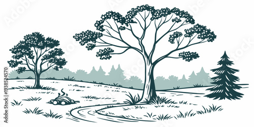 A serene landscape featuring a group of trees on a grassy hillside. Vector