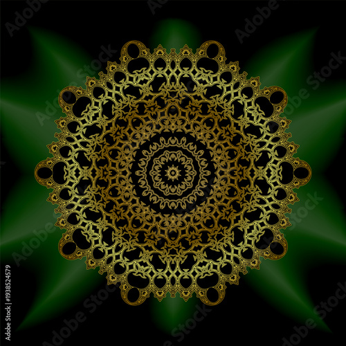 gold mandala mantra om. Indian pattern decorative vector elements. Round golden flower. emerald glow